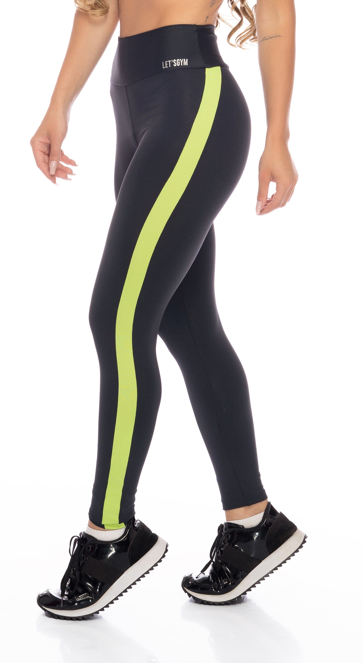 Women's High Waist, Full Length Leggings - Legging Line Black and Neon  Green Stripe